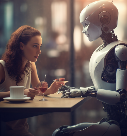 Woman eating with AI in restaurant 
