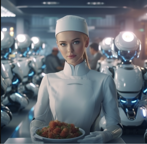 AI in restaurants cooking food for human waitress