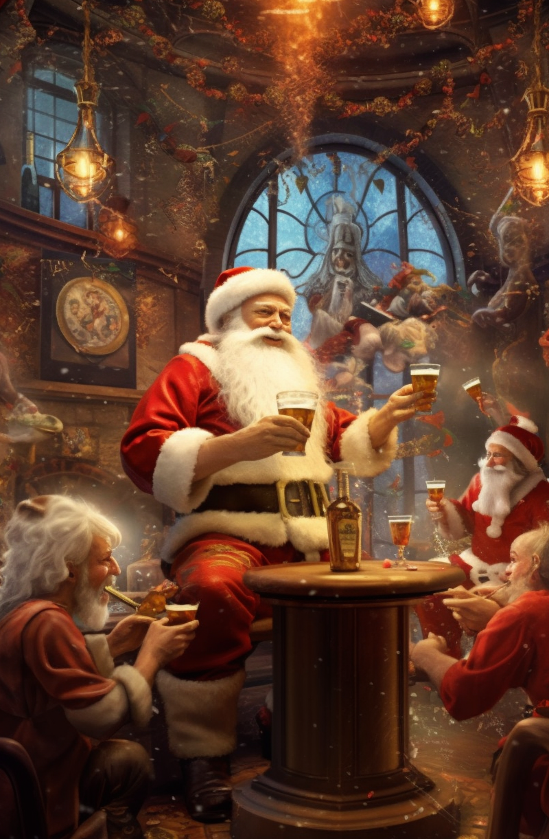 Santa and his helpers toasting after delivering all the presents. Created by AI art tool Midjourney