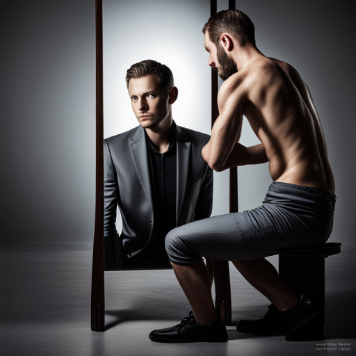 Man looking into futuristic mirror that changes his look. By Jasper Art image generator.