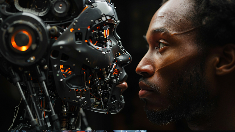 Man staring down robot over Ethical AI solutions for a sustainable future