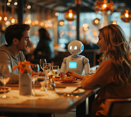 Couple eating out with a restaurant chatbot at the table