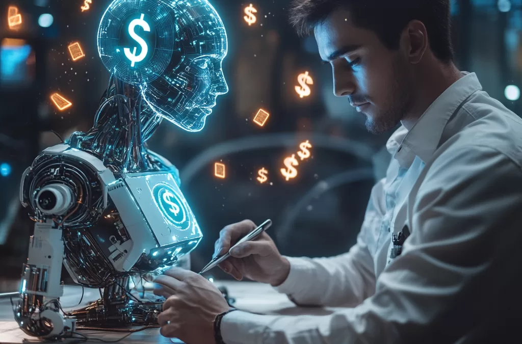 Person sitting at a desk training an AI with AI data training to make money with dollar signs