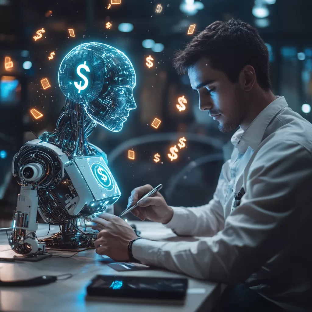 Person sitting at a desk training an AI with AI data training to make money with dollar signs